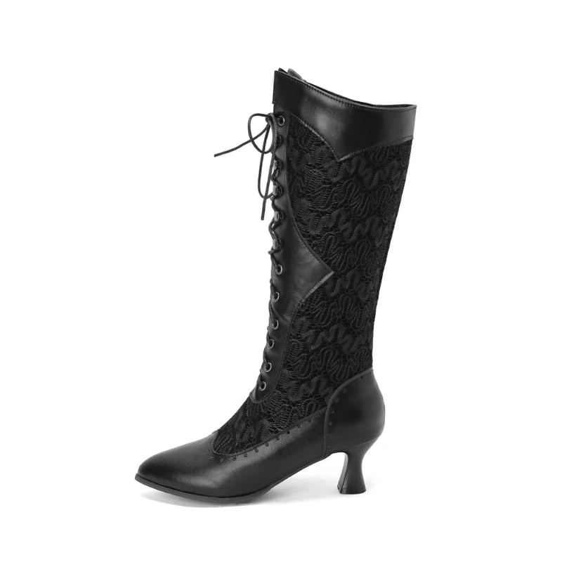 Bottes De Style Vintage Pour Femmes Chaussures Rétro À Lacets Bout Pointu Talons Bas - Noir