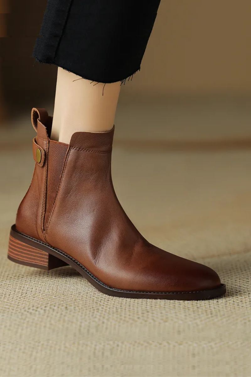 Bottines Chelsea À Bout Rond Pour Femme Chaussures D'hiver En Cuir Véritable Rétro Marron En