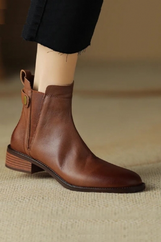 Bottines Chelsea À Bout Rond Pour Femme Chaussures D'hiver En Cuir Véritable Rétro Marron En