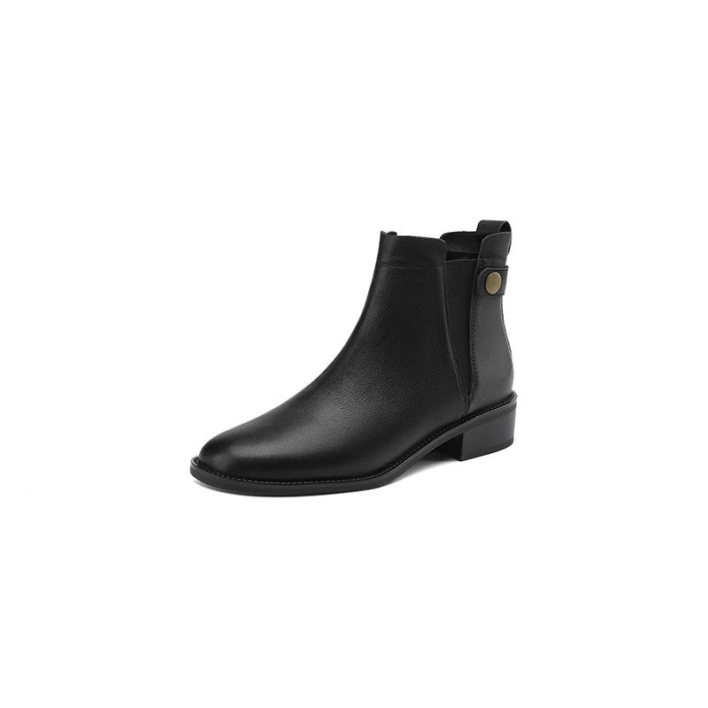 Bottines Chelsea À Bout Rond Pour Femme Chaussures D'hiver En Cuir Véritable Rétro Marron En - Noir