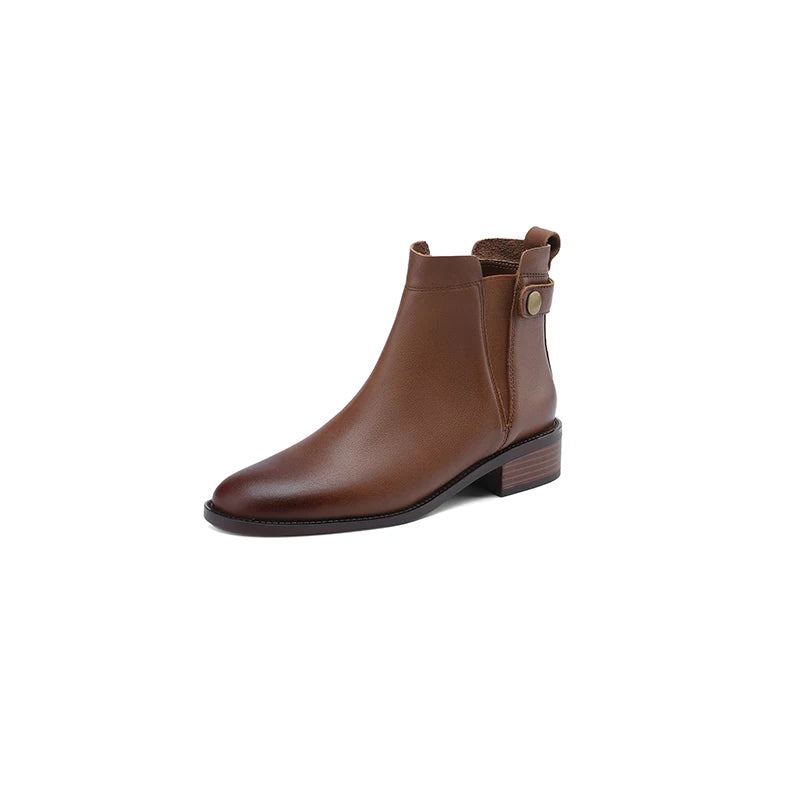 Bottines Chelsea À Bout Rond Pour Femme Chaussures D'hiver En Cuir Véritable Rétro Marron En - Noir