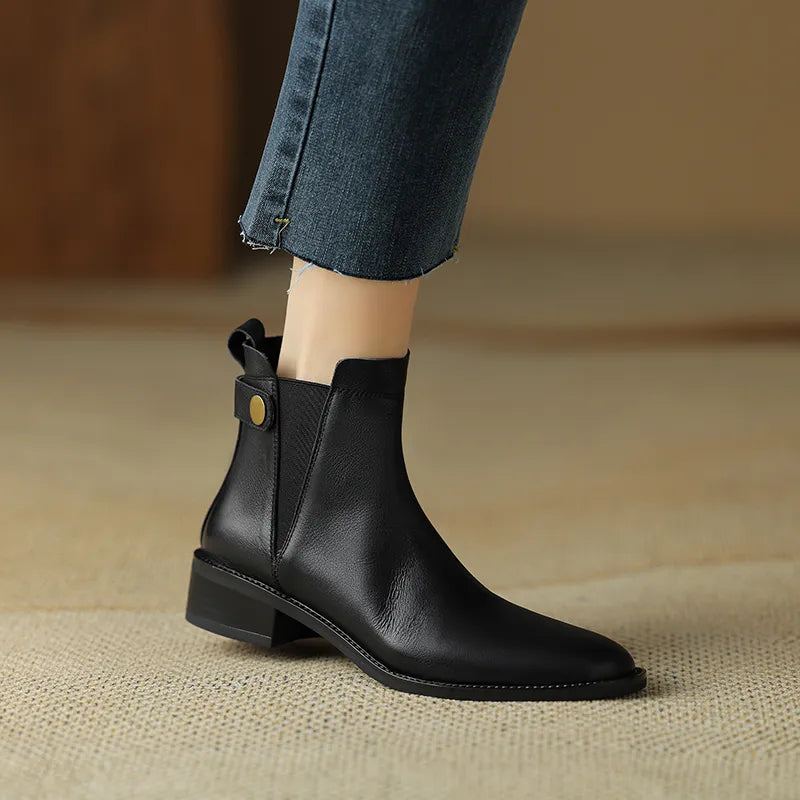 Bottines Chelsea À Bout Rond Pour Femme Chaussures D'hiver En Cuir Véritable Rétro Marron En - Noir