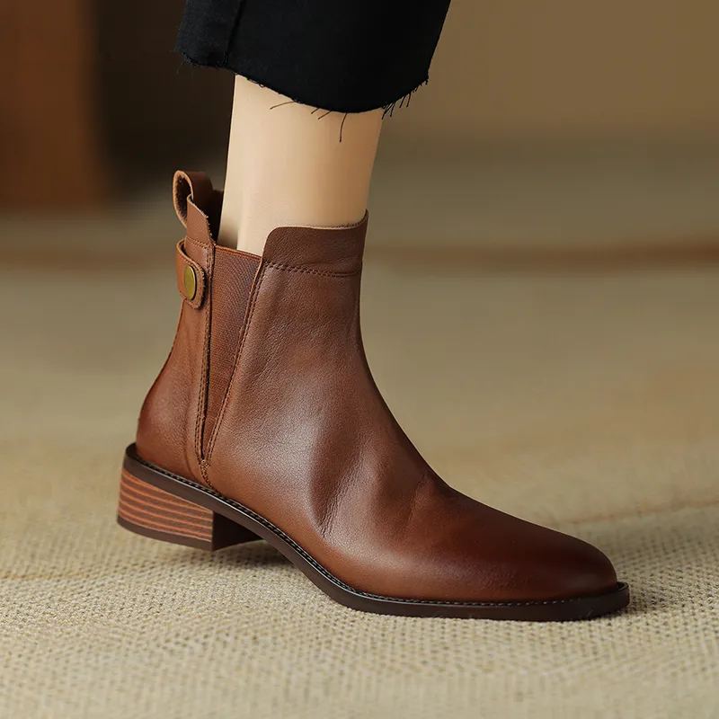 Bottines Chelsea À Bout Rond Pour Femme Chaussures D'hiver En Cuir Véritable Rétro Marron En - Noir