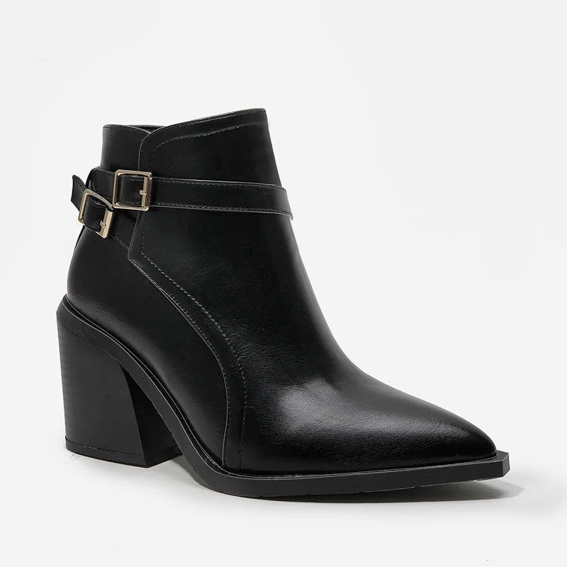 Bottines Chelsea D'hiver À Bout Pointu Pour Femmes Rétro À Talons Hauts Épais - Noir