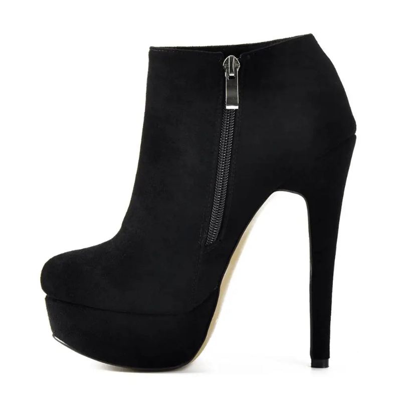 Bottines Classiques À Talons Hauts Et Bout Rond Pour Femmes En Daim Noir Us5 ~ Us15 - Noir