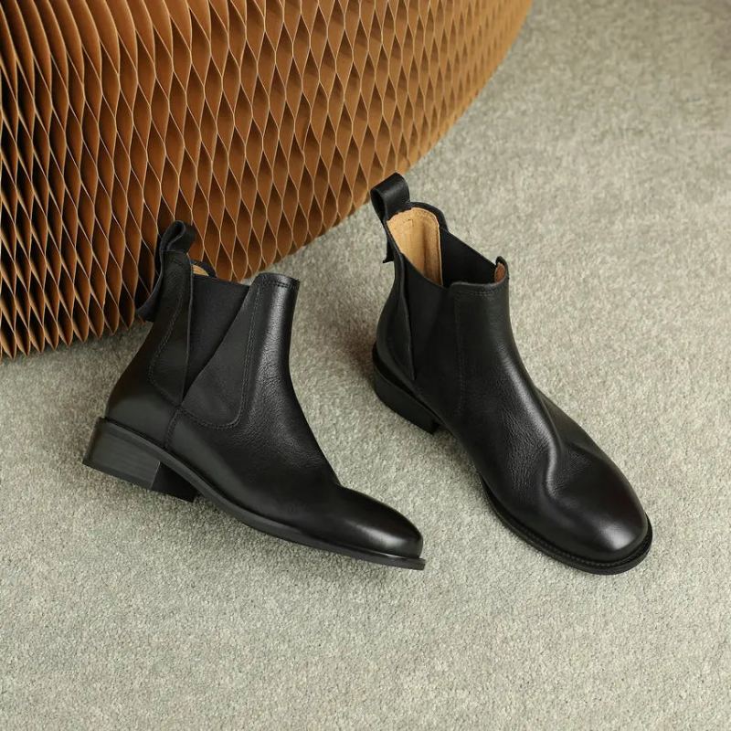 Bottines Courtes En Cuir Véritable Pour Femme Chaussures D'automne Et D'hiver - Noir