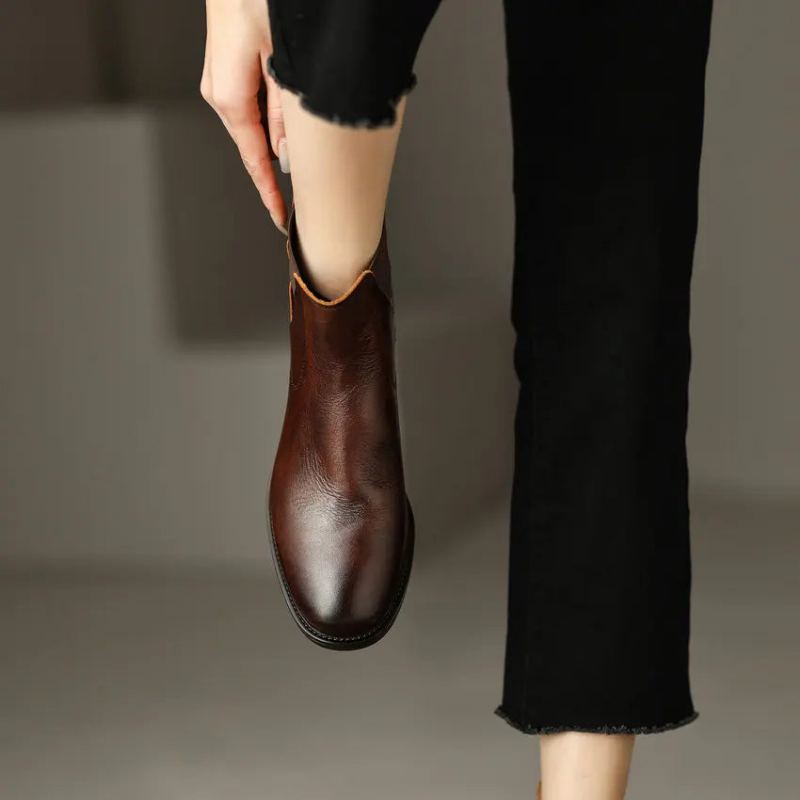 Bottines Courtes En Cuir Véritable Pour Femme Chaussures D'automne Et D'hiver - Noir