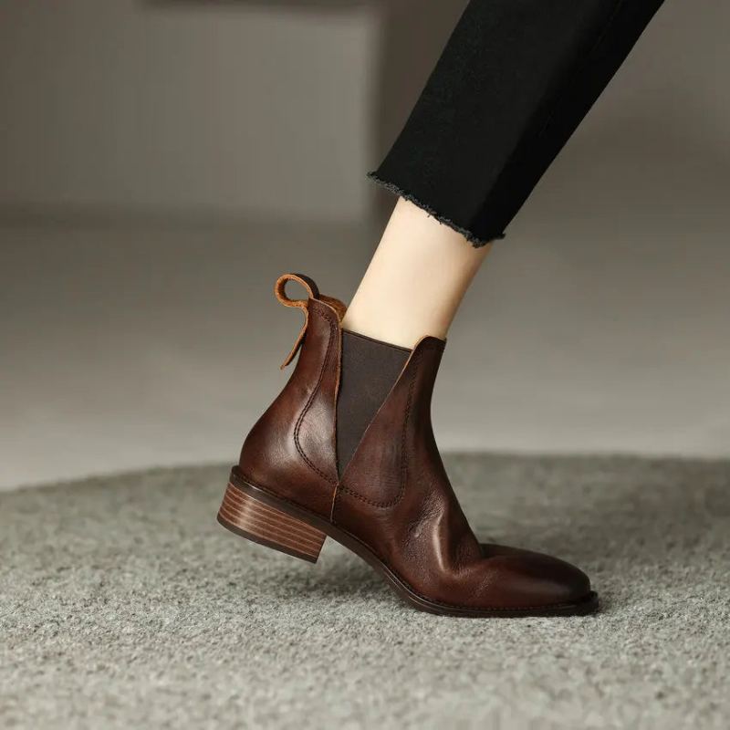 Bottines Courtes En Cuir Véritable Pour Femme Chaussures D'automne Et D'hiver - Noir