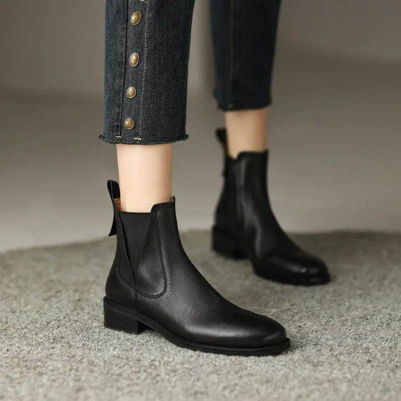 Bottines Courtes En Cuir Véritable Pour Femme Chaussures D'automne Et D'hiver - Noir