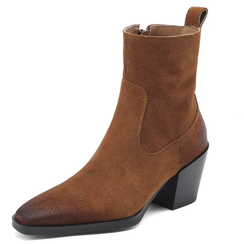 Bottines En Cuir Faites À La Main Pour Femmes Chaussures À Talons Hauts Carrés Bottes D'automne - Marron