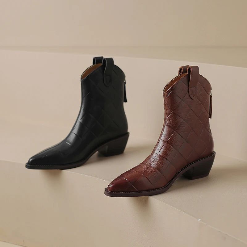 Bottines En Cuir Véritable Faites À La Main Pour Femmes Bout Pointu Fermeture Éclair Bottes Courtes D'automne Et D'hiver Chaussures Rétro - Marron