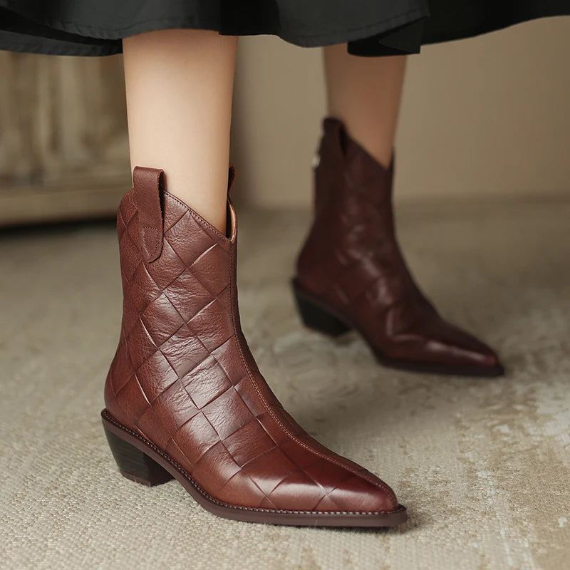 Bottines En Cuir Véritable Faites À La Main Pour Femmes Bout Pointu Fermeture Éclair Bottes Courtes D'automne Et D'hiver Chaussures Rétro - Marron