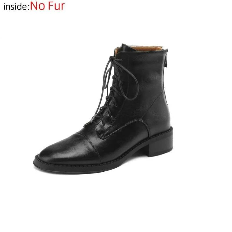 Bottines En Cuir Véritable Pour Femme Chaussures Avec Fermeture Éclair Bottes De Moto Décontractées Hiver - Noir