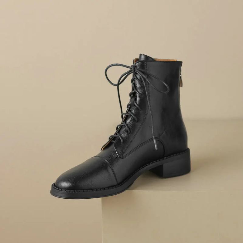 Bottines En Cuir Véritable Pour Femme Chaussures Avec Fermeture Éclair Bottes De Moto Décontractées Hiver - Noir