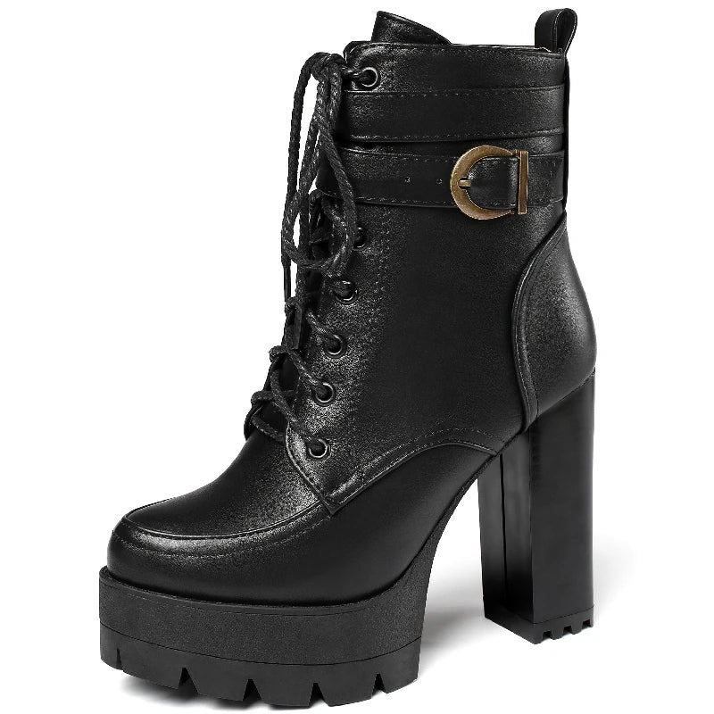 Bottines Pour Femmes Chaussures Punk Moto Bottes Rétro Automne Hiver Femme - Noir