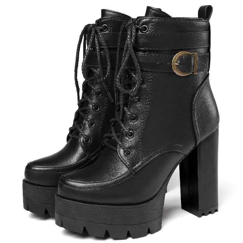 Bottines Pour Femmes Chaussures Punk Moto Bottes Rétro Automne Hiver Femme - Noir