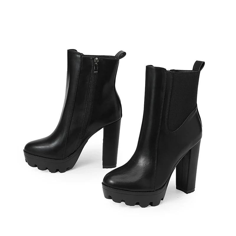 Bottines Pour Femmes Élastiques Et Talon Épais Bout Rond Bottes De Fête Avec Fermeture Éclair - Noir