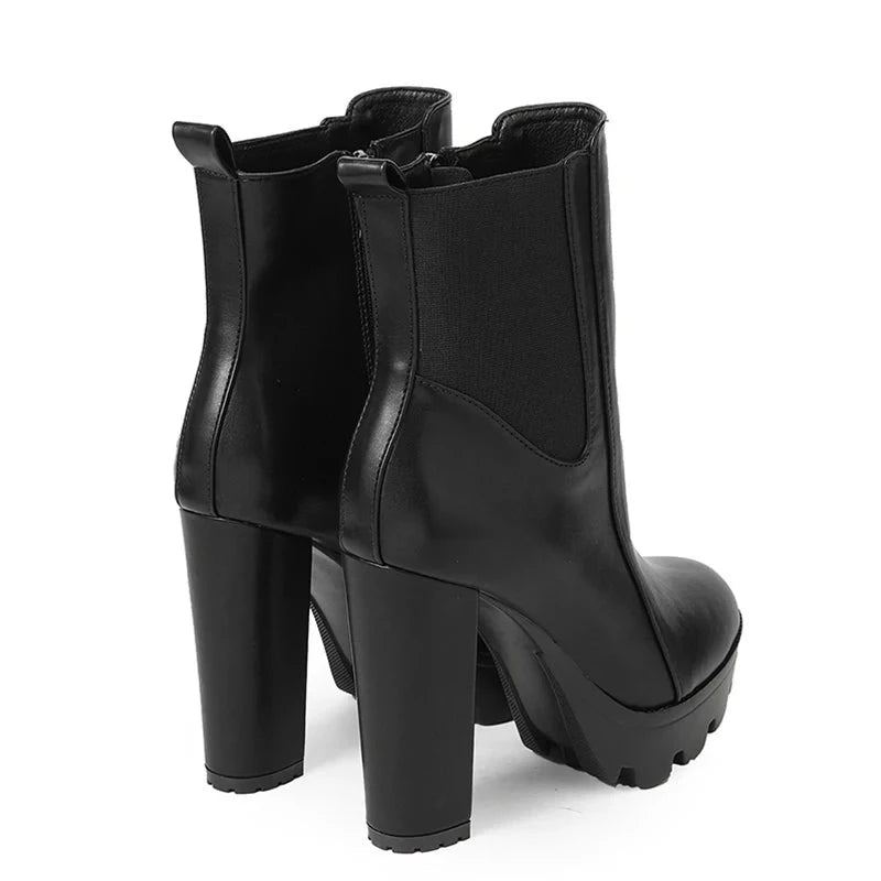 Bottines Pour Femmes Élastiques Et Talon Épais Bout Rond Bottes De Fête Avec Fermeture Éclair - Noir