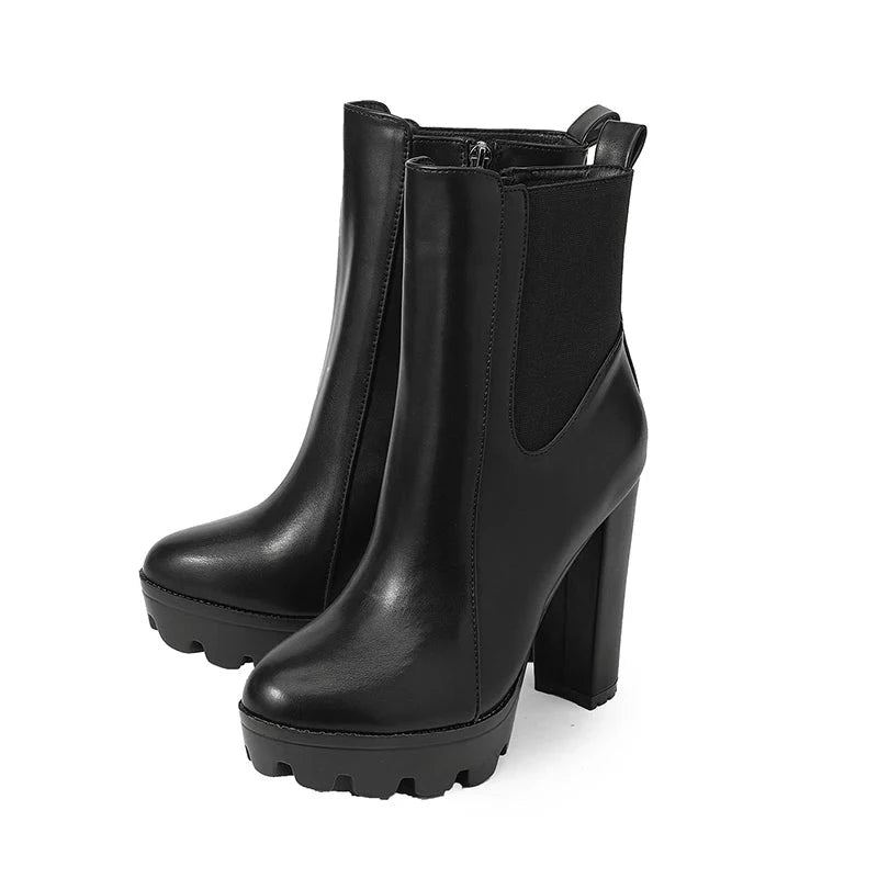 Bottines Pour Femmes Élastiques Et Talon Épais Bout Rond Bottes De Fête Avec Fermeture Éclair - Noir