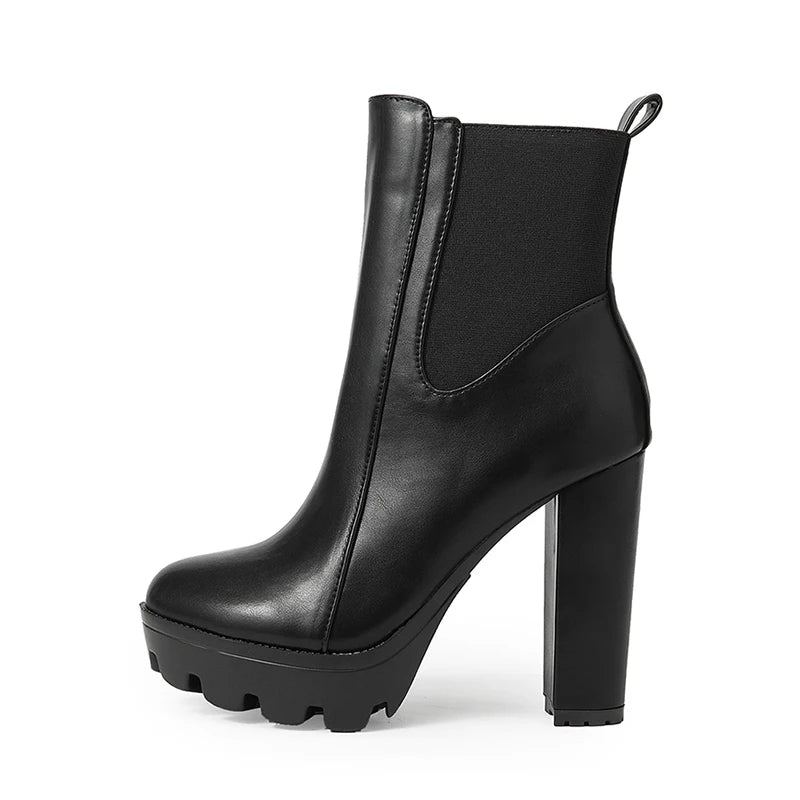 Bottines Pour Femmes Élastiques Et Talon Épais Bout Rond Bottes De Fête Avec Fermeture Éclair - Noir