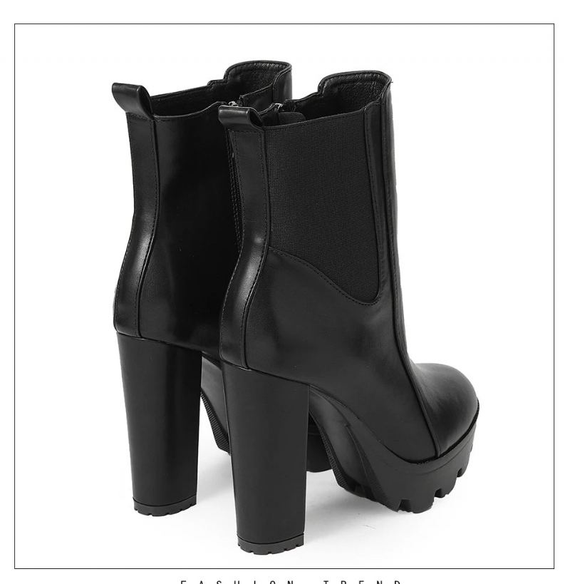 Bottines Pour Femmes Élastiques Et Talon Épais Bout Rond Bottes De Fête Avec Fermeture Éclair - Noir