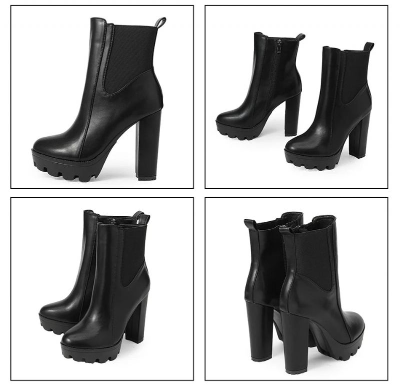 Bottines Pour Femmes Élastiques Et Talon Épais Bout Rond Bottes De Fête Avec Fermeture Éclair - Noir