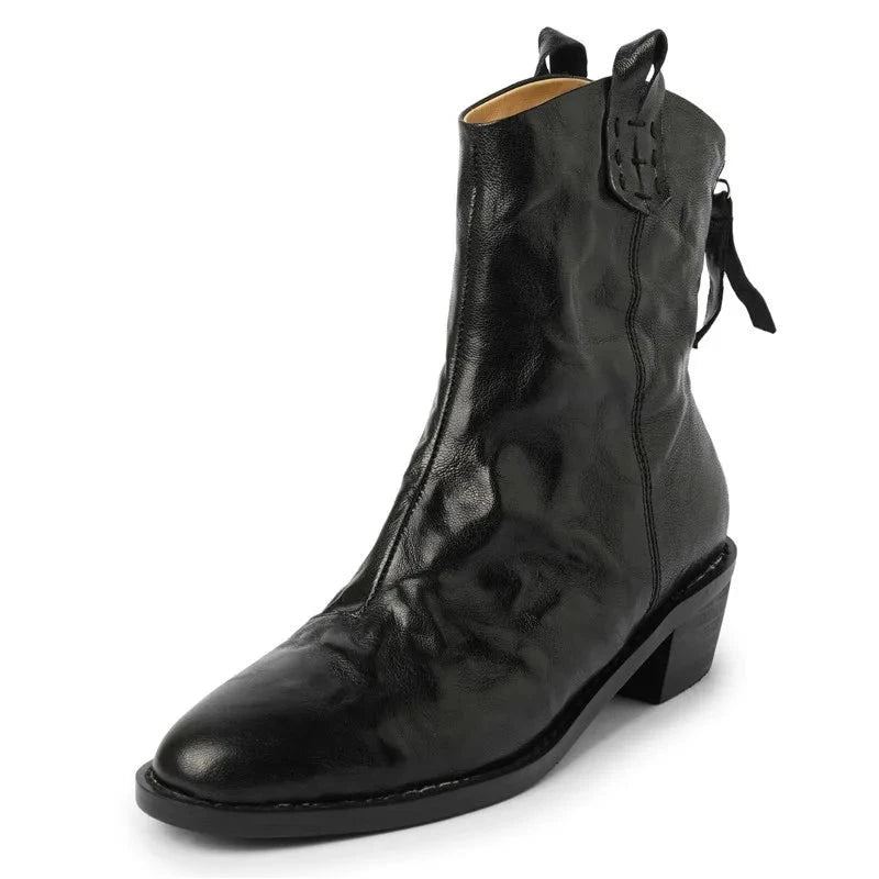 Bottines À Fermeture Éclair Pour Dames Bottes D'hiver En Cuir À Talons Carrés Chaussures Femmes - Noir