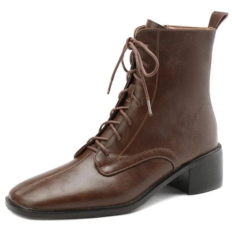 Bottines D'hiver En Cuir Véritable Avec Fermeture Éclair Pour Femme Chaussures De Bureau À Bande Étroite Talons Carrés Moyens - Brun