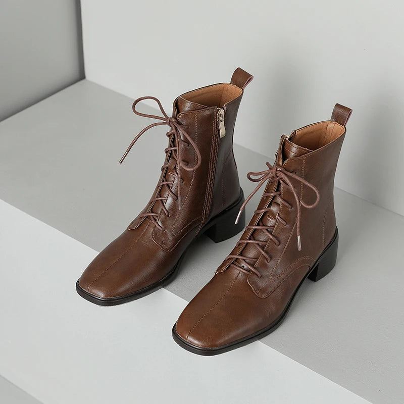 Bottines D'hiver En Cuir Véritable Avec Fermeture Éclair Pour Femme Chaussures De Bureau À Bande Étroite Talons Carrés Moyens - Brun