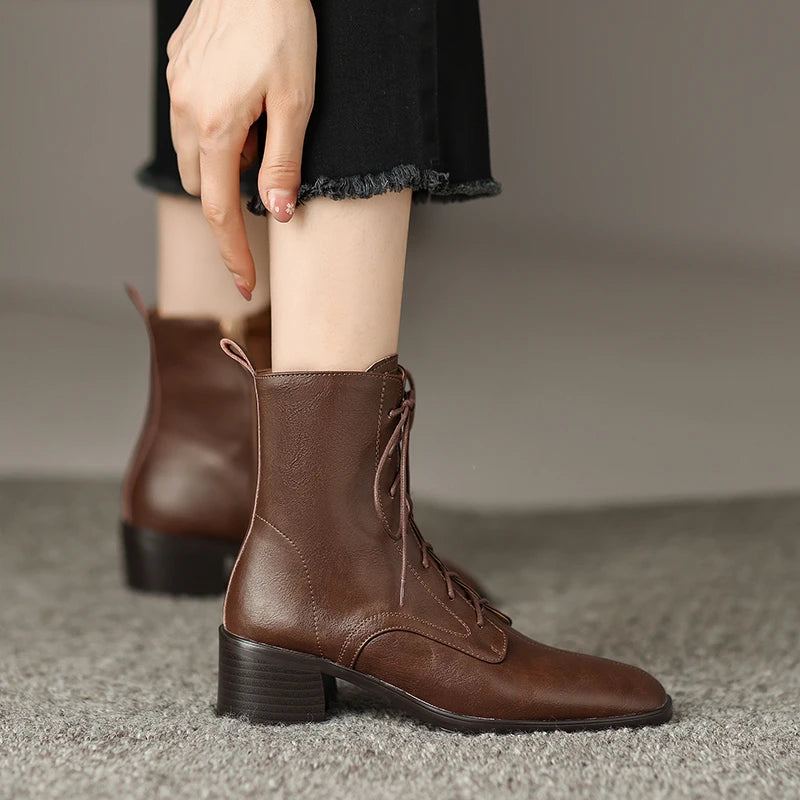 Bottines D'hiver En Cuir Véritable Avec Fermeture Éclair Pour Femme Chaussures De Bureau À Bande Étroite Talons Carrés Moyens - Brun