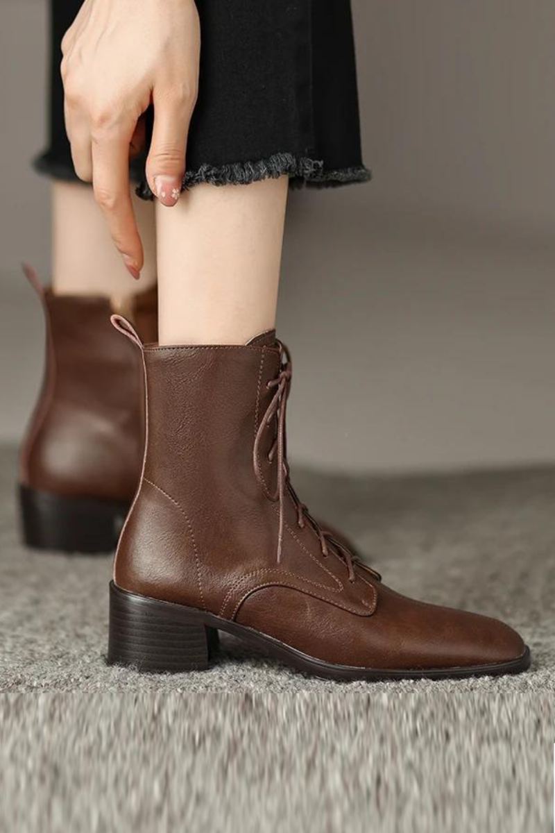 Bottines D'hiver En Cuir Véritable Avec Fermeture Éclair Pour Femme Chaussures De Bureau À Bande Étroite Talons Carrés Moyens - Brun