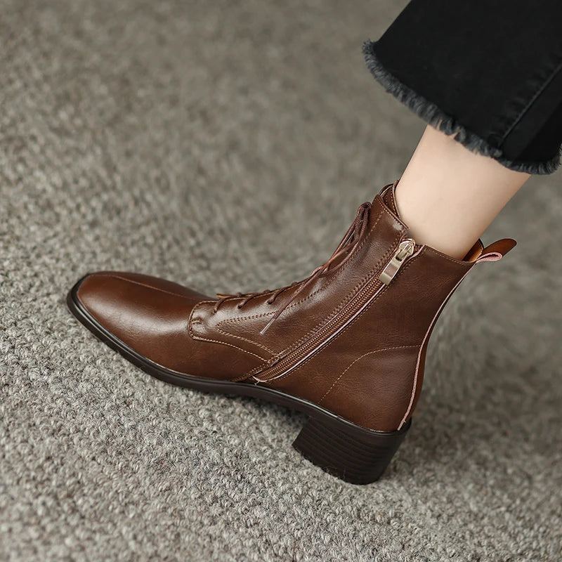 Bottines D'hiver En Cuir Véritable Avec Fermeture Éclair Pour Femme Chaussures De Bureau À Bande Étroite Talons Carrés Moyens - Brun