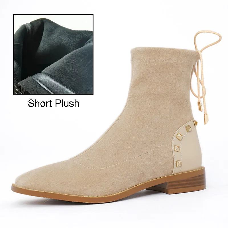 Bottines En Peluche Beige Extensible Pour Femme Bottes Courtes Décontractées Bout Carré Talon Bloc Bas À Lacets Rivets Hiver - Noir