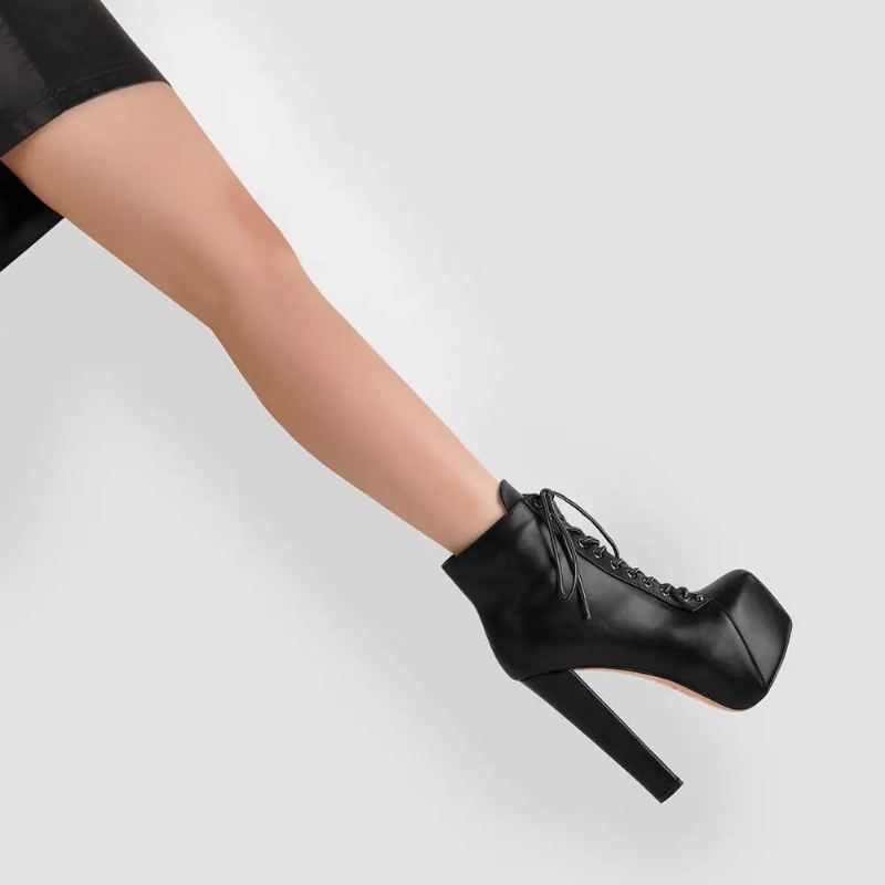 Bottines À Plateforme Et Bout Rond Pour Femmes À Talons Hauts Et Épais À Lacets De Combat De Fête - Noir