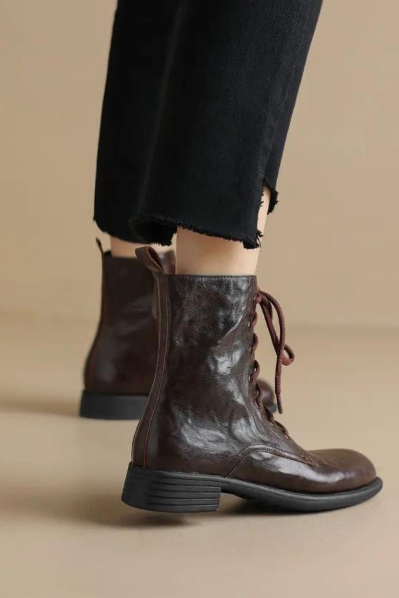 Bottines Rétro Croisées Pour Femmes Chaussures À Talons Bas Épais En Cuir Véritable Avec Fermeture Éclair Automne Hiver