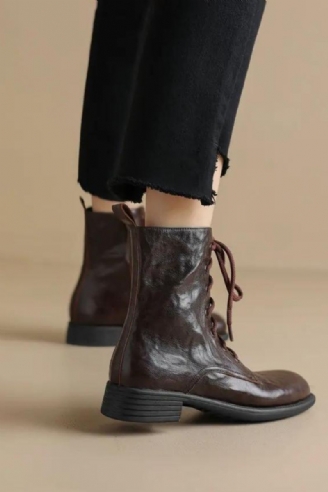 Bottines Rétro Croisées Pour Femmes Chaussures À Talons Bas Épais En Cuir Véritable Avec Fermeture Éclair Automne Hiver