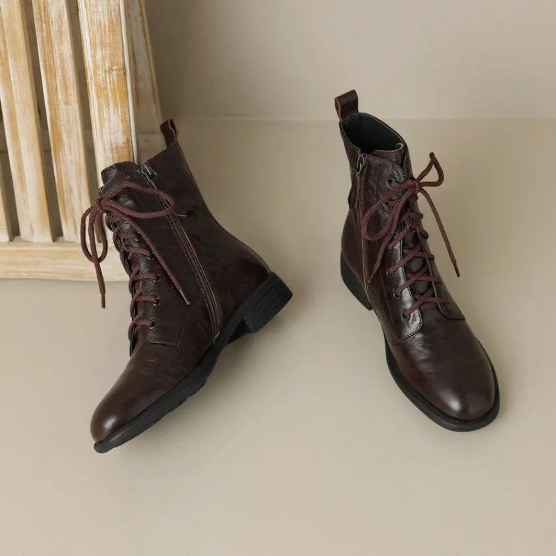 Bottines Rétro Croisées Pour Femmes Chaussures À Talons Bas Épais En Cuir Véritable Avec Fermeture Éclair Automne Hiver - Marron