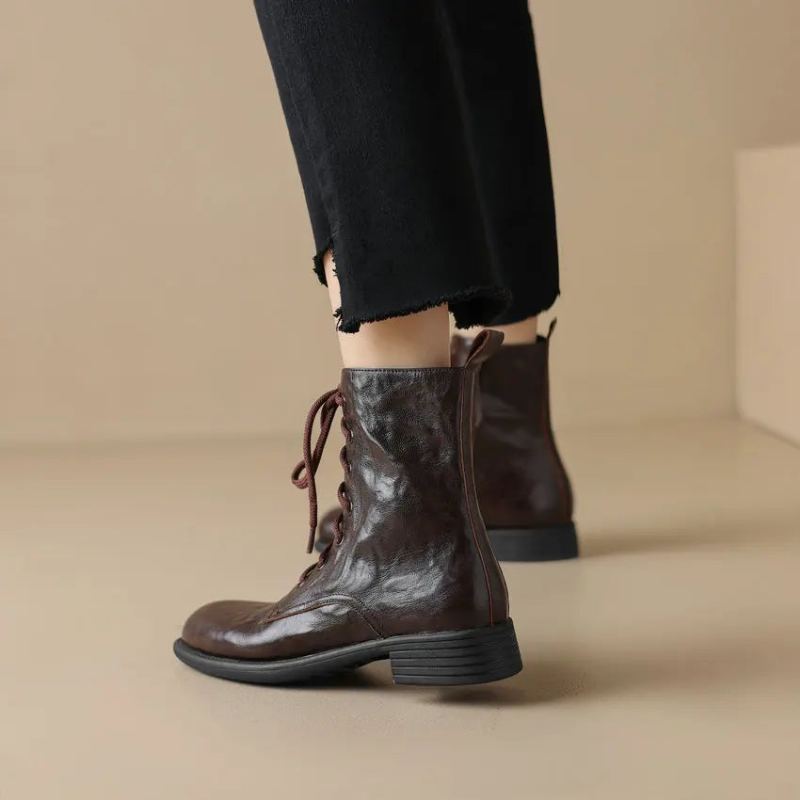 Bottines Rétro Croisées Pour Femmes Chaussures À Talons Bas Épais En Cuir Véritable Avec Fermeture Éclair Automne Hiver - Marron