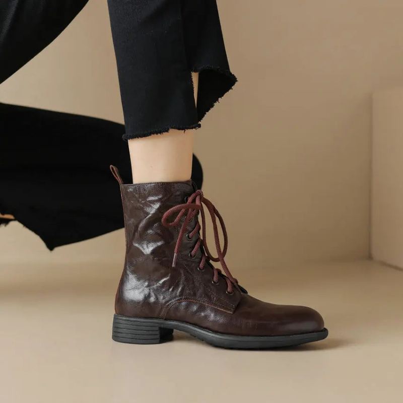 Bottines Rétro Croisées Pour Femmes Chaussures À Talons Bas Épais En Cuir Véritable Avec Fermeture Éclair Automne Hiver - Marron