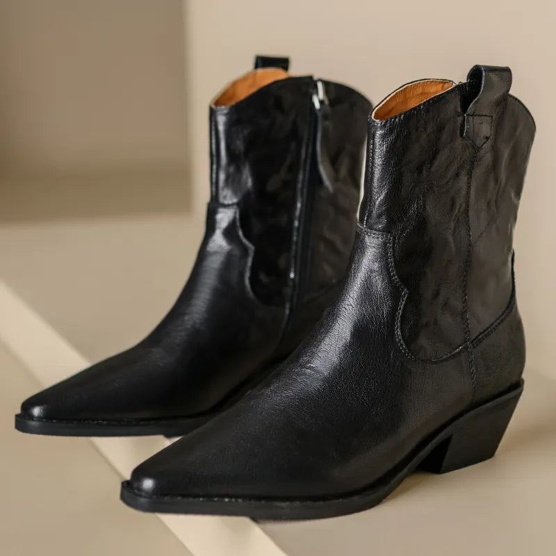 Bottines Rétro Pour Femmes Chaussures D'hiver En Cuir À Talons Bas Bottes De Moto Courtes - Noir