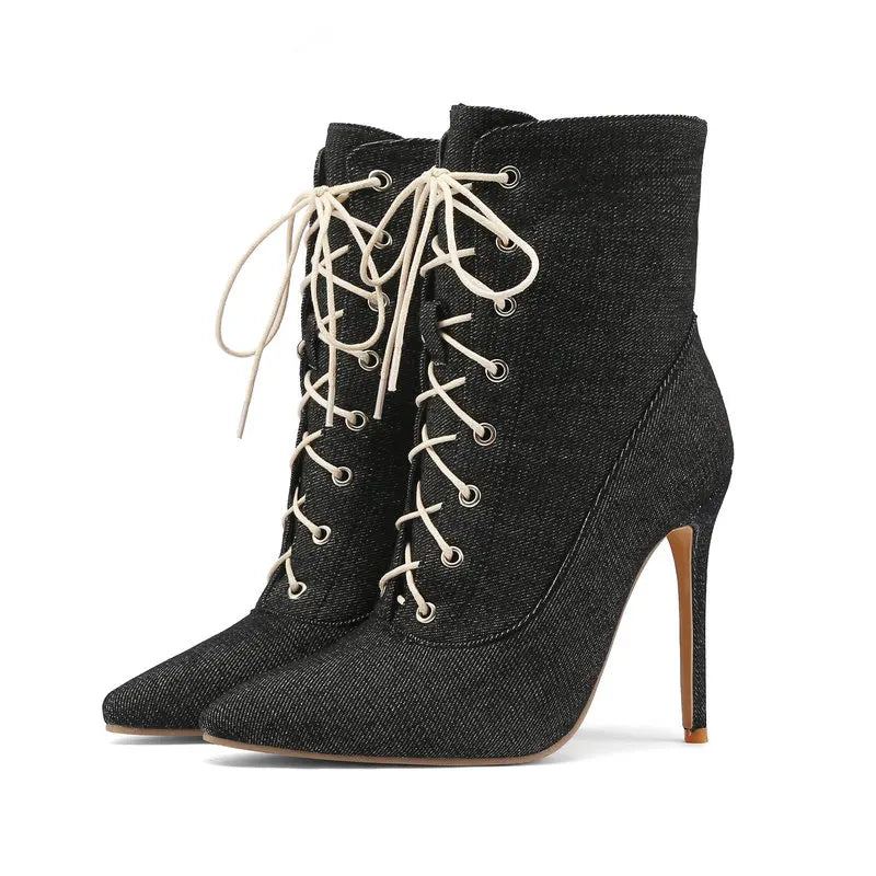 Bottines À Talons Hauts Et Fins Pour Femmes Chaussures D'automne À Lacets - Noir