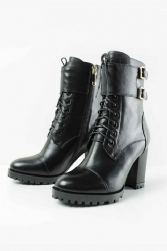 Bottines À Talons Hauts Pour Femmes Chaussures En Cuir Véritable À Lacets Noires Faites À La Main