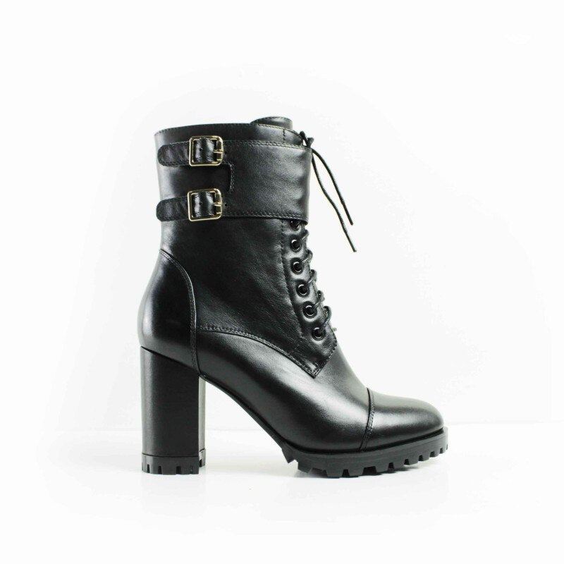 Bottines À Talons Hauts Pour Femmes Chaussures En Cuir Véritable À Lacets Noires Faites À La Main - Noir 85 Cm