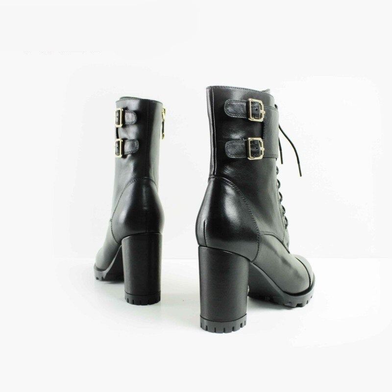 Bottines À Talons Hauts Pour Femmes Chaussures En Cuir Véritable À Lacets Noires Faites À La Main - Noir 85 Cm