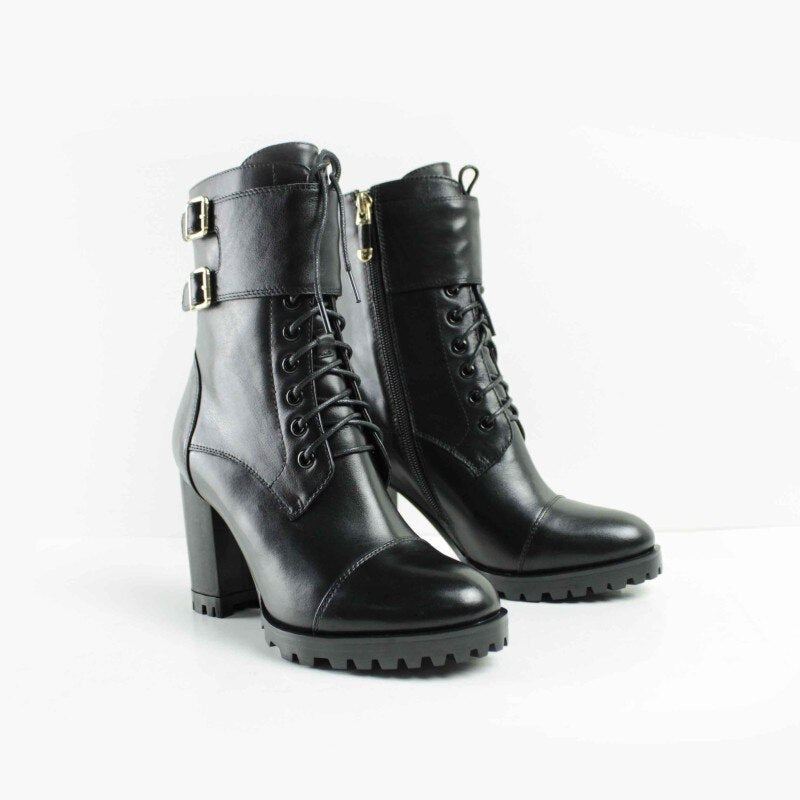 Bottines À Talons Hauts Pour Femmes Chaussures En Cuir Véritable À Lacets Noires Faites À La Main - Noir 85 Cm