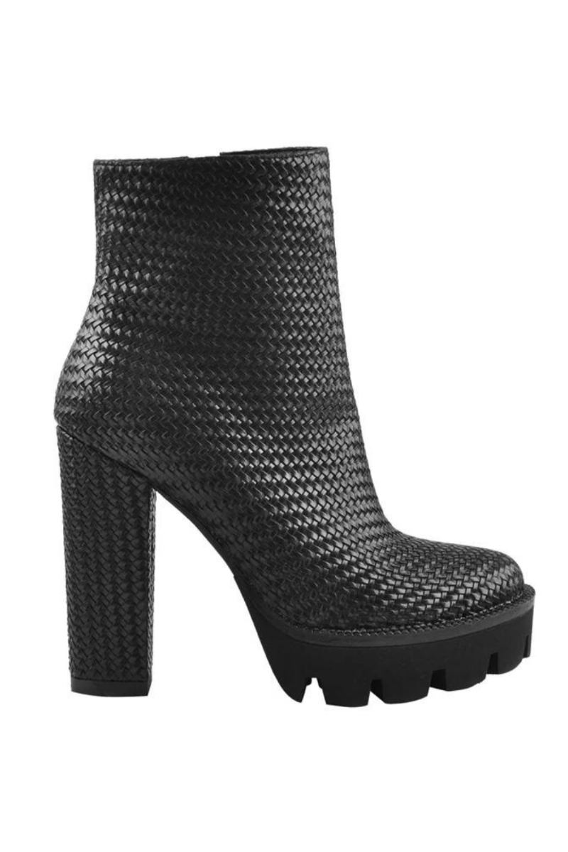 Bottines Tissées Pour Femmes À Plateforme Et Talons Hauts Noir Mat Blanc Fermeture Éclair Latérale