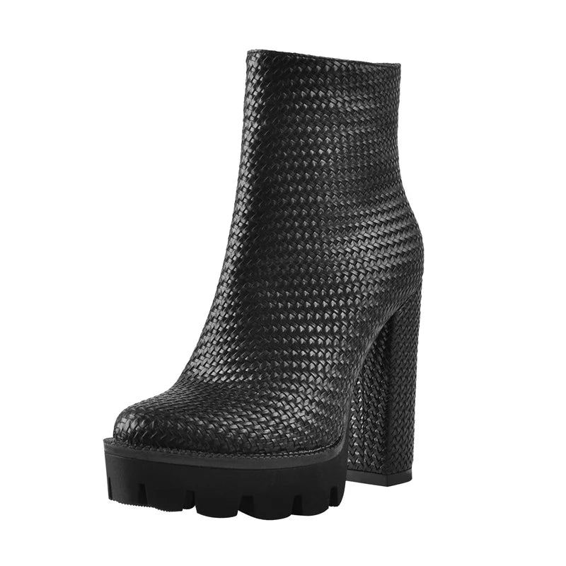 Bottines Tissées Pour Femmes À Plateforme Et Talons Hauts Noir Mat Blanc Fermeture Éclair Latérale - Noir