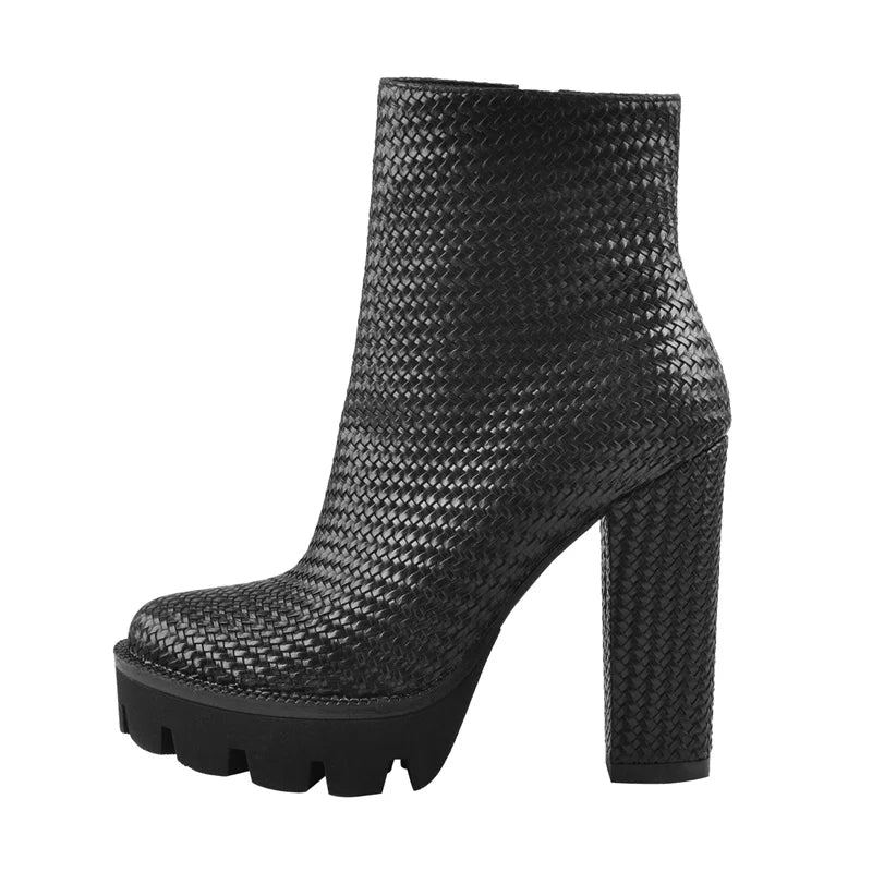 Bottines Tissées Pour Femmes À Plateforme Et Talons Hauts Noir Mat Blanc Fermeture Éclair Latérale - Noir