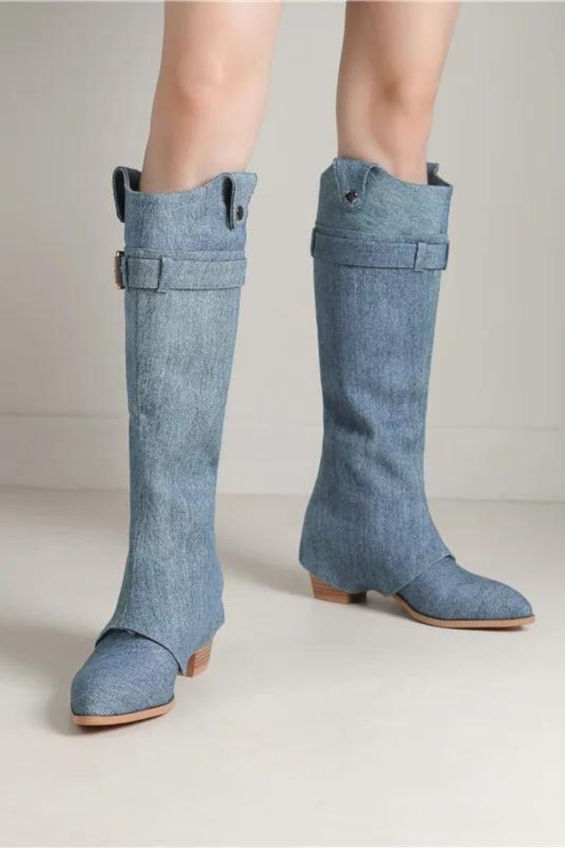 Bout Pointu Denim Sans Lacet Bottes D'hiver Talons Hauts Carrés Boucle Haut Vente Dames Plissées Hautes