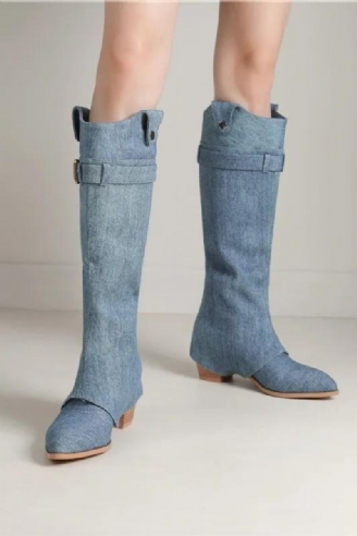 Bout Pointu Denim Sans Lacet Bottes D'hiver Talons Hauts Carrés Boucle Haut Vente Dames Plissées Hautes